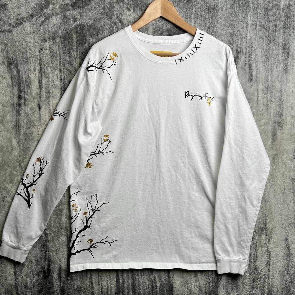 STREETWEAR Reigning Fury Mens Long Sleeve Tee White Glitter Skulls Branches XL